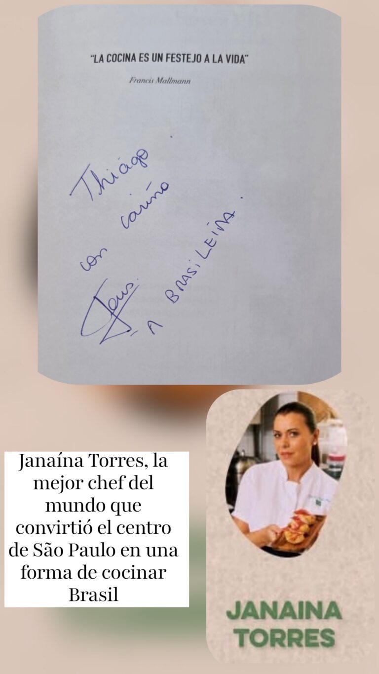 Dedicatoria manuscrita de la chef Janaína Torres junto a su retrato